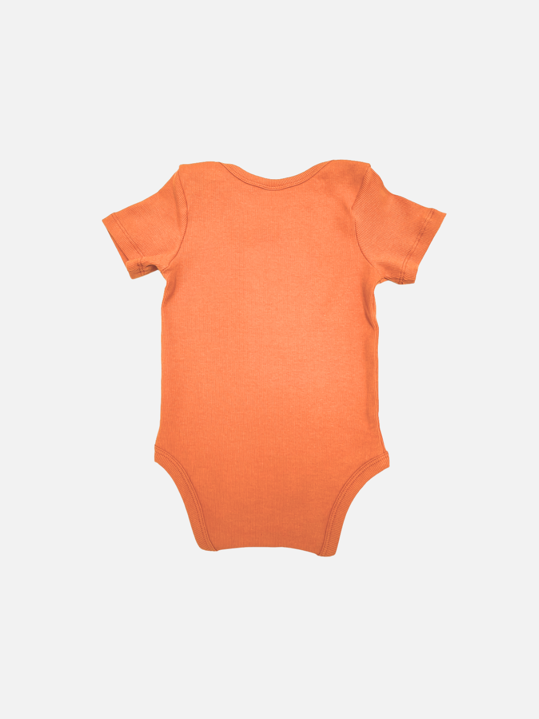 The FLOWER SHORT SLEEVE ONESIE is a ribbed cotton baby bodysuit in orange, shown laid flat on a white background from the back—ideal for easy diaper changes.