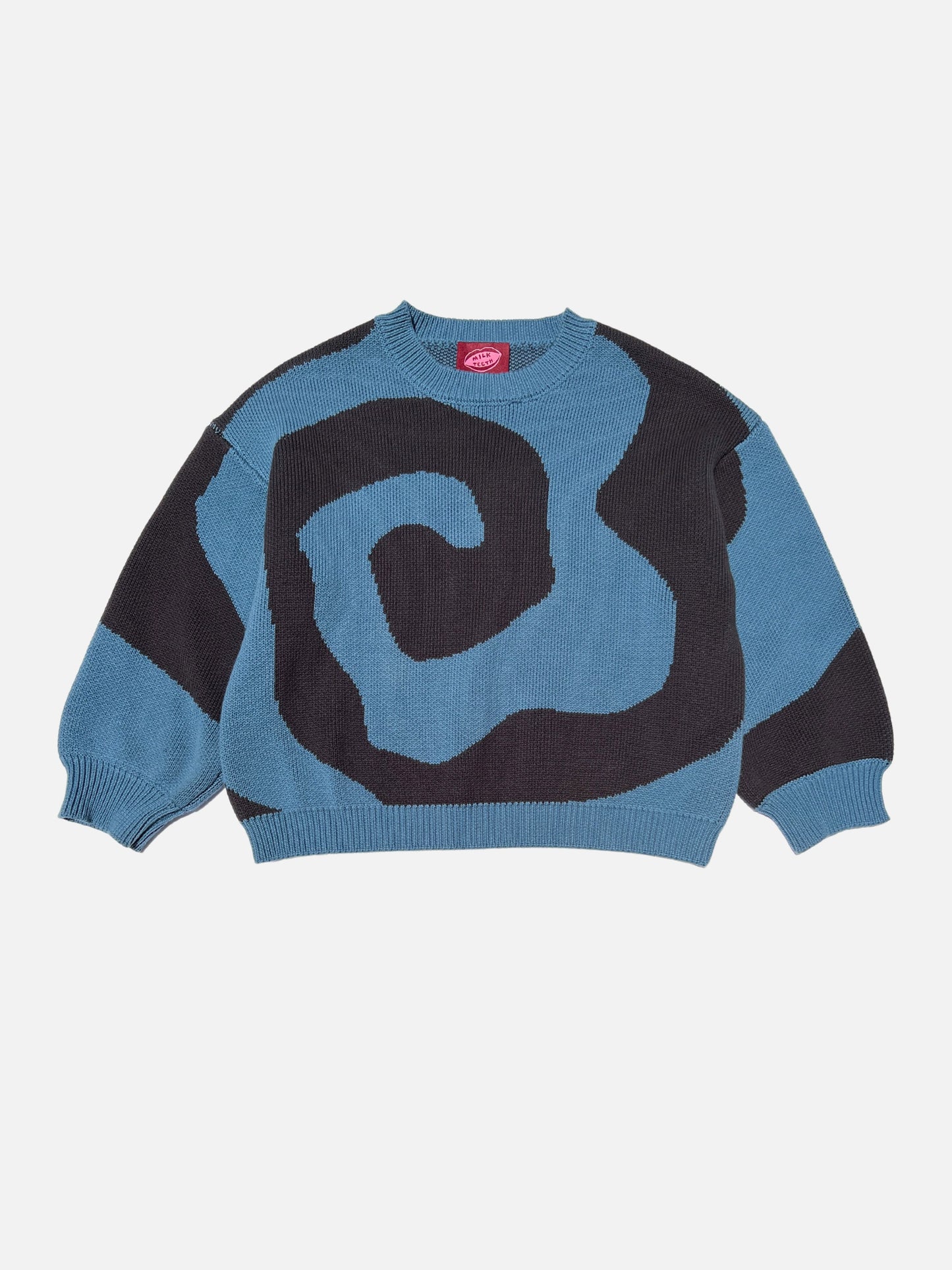 Slate | Front view of kids crewneck sweater in medium blue, with a large single charcoal grey swirl design that covers the entire sweater.
