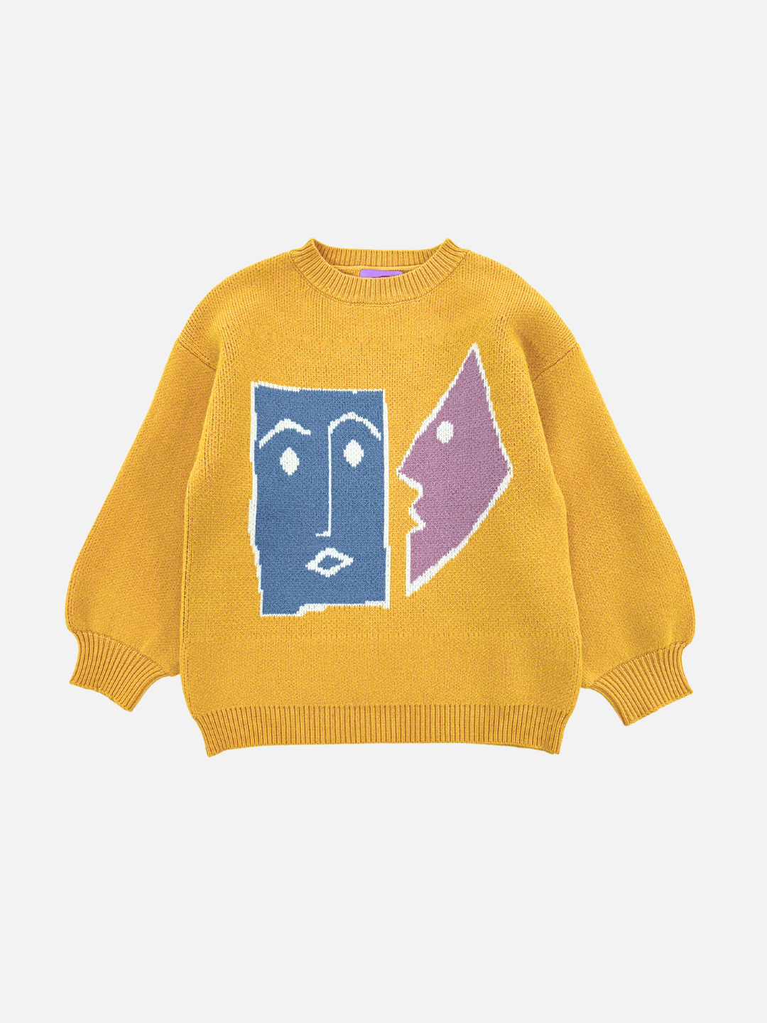 Marigold | Yellow TEATIME SWEATER featuring a minimalist design of two abstract faces in blue and pink on the front. Ideal for product pairs; see photos for full view and measurements.