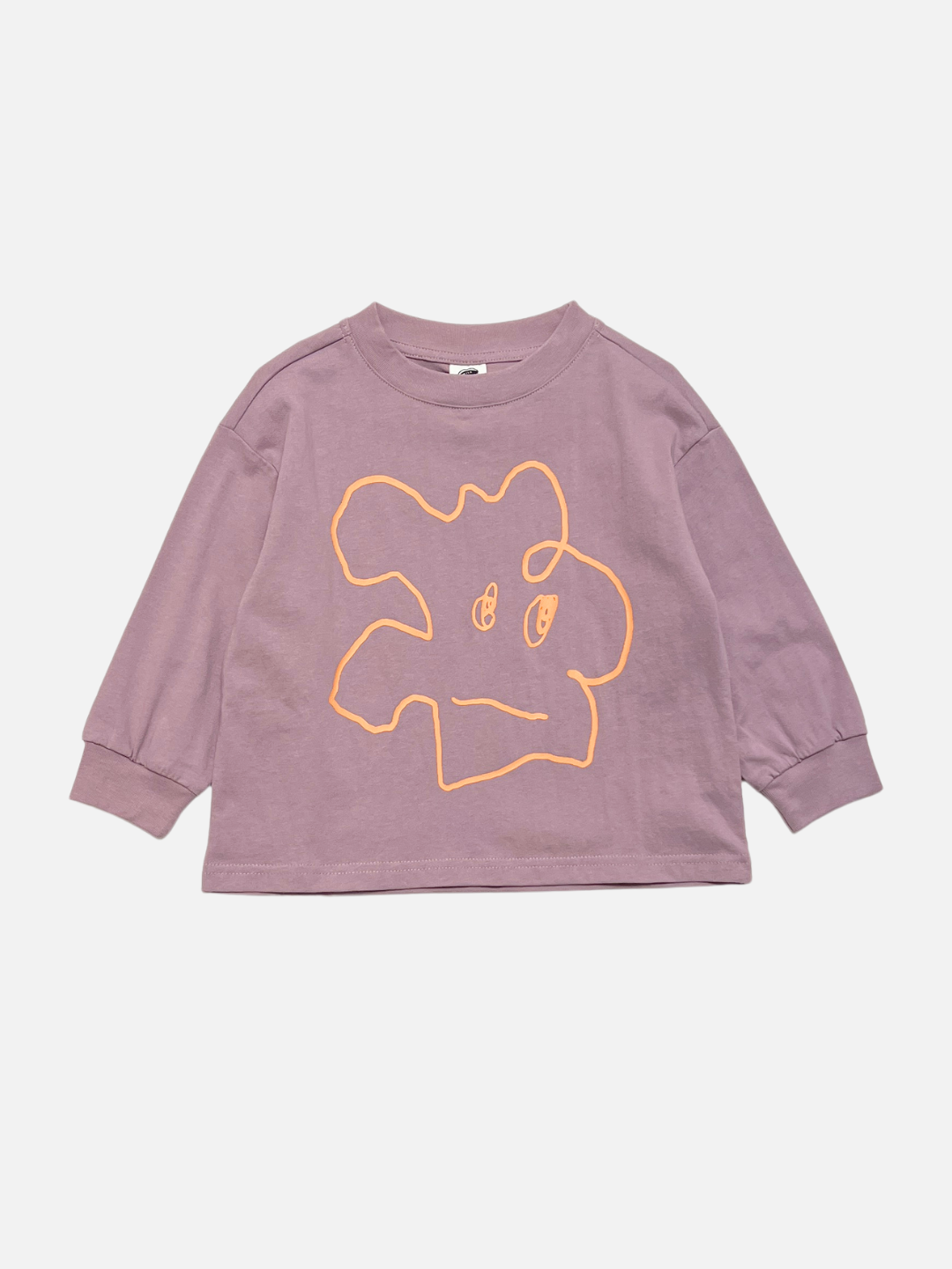 Introducing the SQUIGGLE LONGSLEEVE—a relaxed-fit purple longsleeve tee crafted from 100% cotton, featuring a large, abstract yellow-orange doodle character graphic with face-like features on the front.