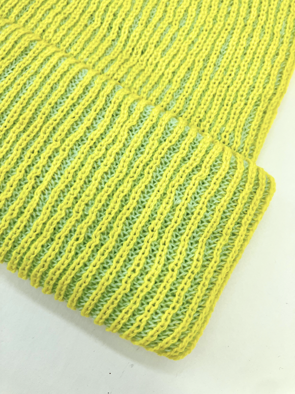 Yellow/Jade | Zoom in on ribbed detail of Yellow/Jade hat.