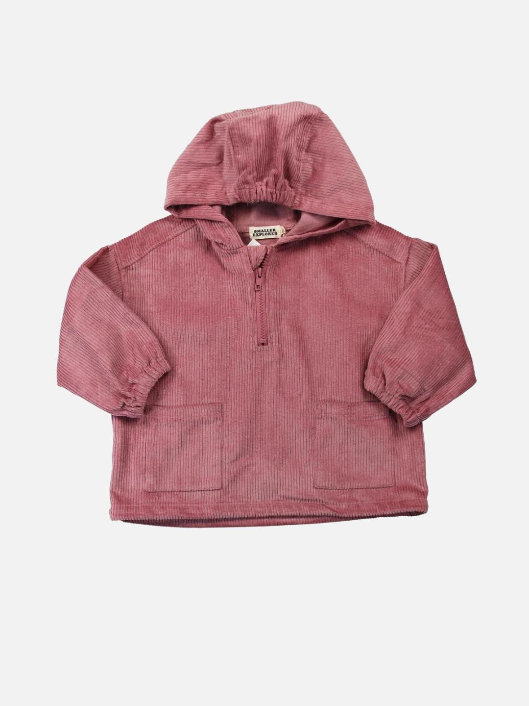 A kids' hooded smock top in dusty pink, front view