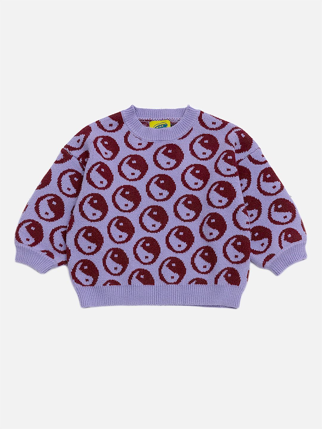A kids' sweater with dark red yin and yang circles on a violet background, front view