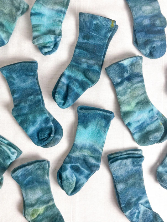 Second image of Blue Lagoon | Pair of baby ankle socks in dappled shades of blue and green