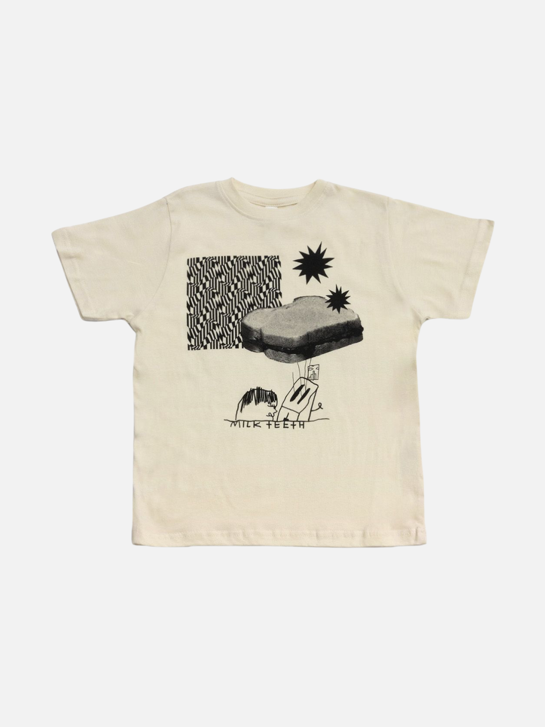 A kids' tee shirt in cream, printed with various patterns in black, a PBJ sandwich, a toaster, and the words Milk Teeth