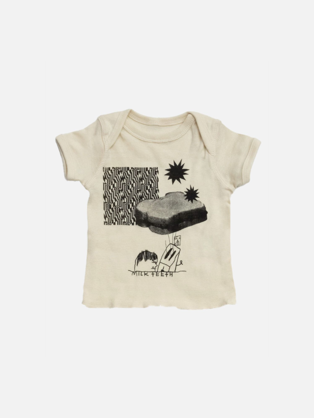 A baby tee shirt with lap shoulders, printed with a PBJ sandwich, star and zigzag patterns, a toaster and the words Milk Teeth
