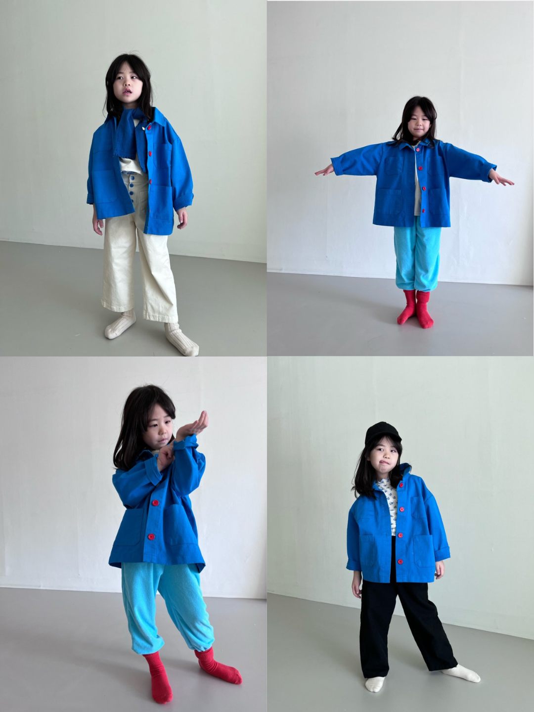 Blue | Four poses of a child wearing the same kids' jacket in sky blue, with four pockets and four orange buttons