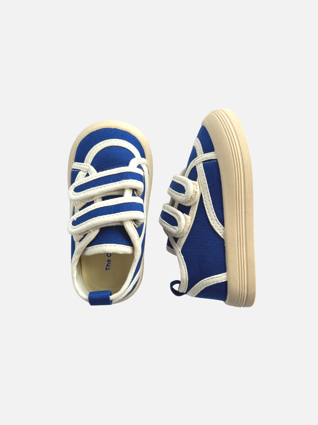 Pair of kids' sneakers in blue with white trim, top and side views