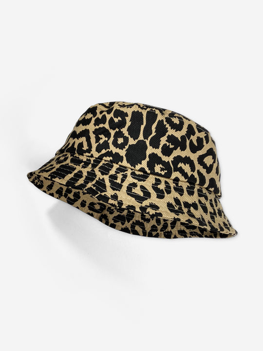 A kids' bucket hat in leopard print