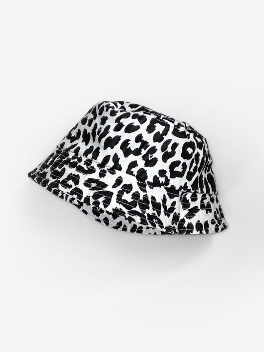 A kids' bucket hat in a snow leopard print