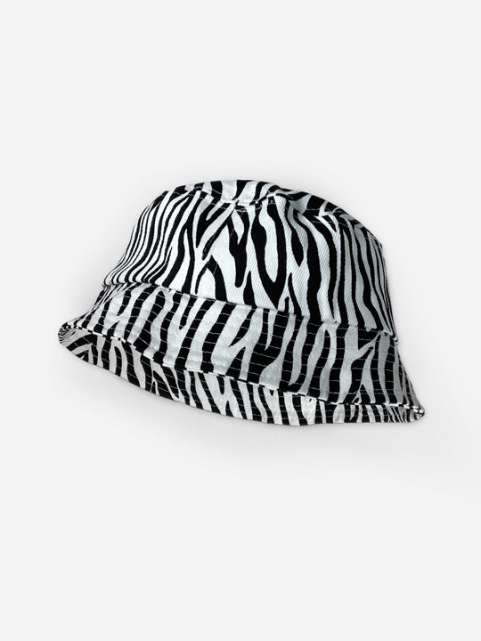 A kids' bucket hat in a zebra stripe