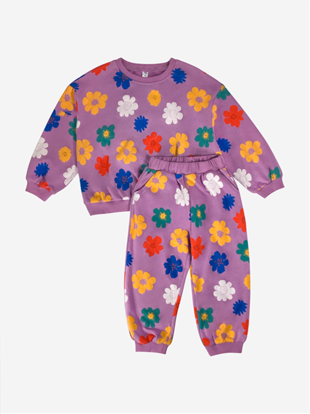 Purple | A kids' sweatshirt and pants set in purple with yellow, orange, green, blue and white flowers