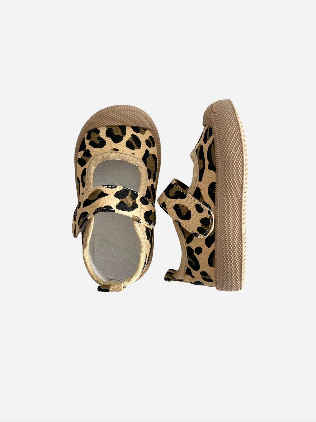 A pair of toddler mary jane sneakers in a leopard print, top and side view