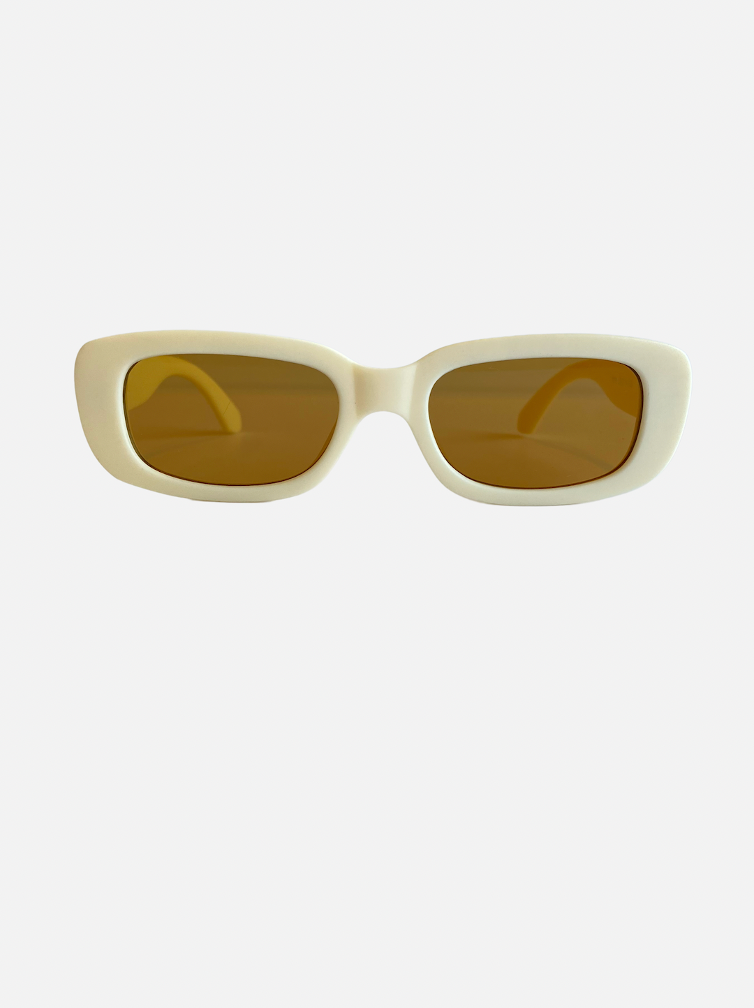A pair of kids' sunglasses with brown lenses inside cream frames