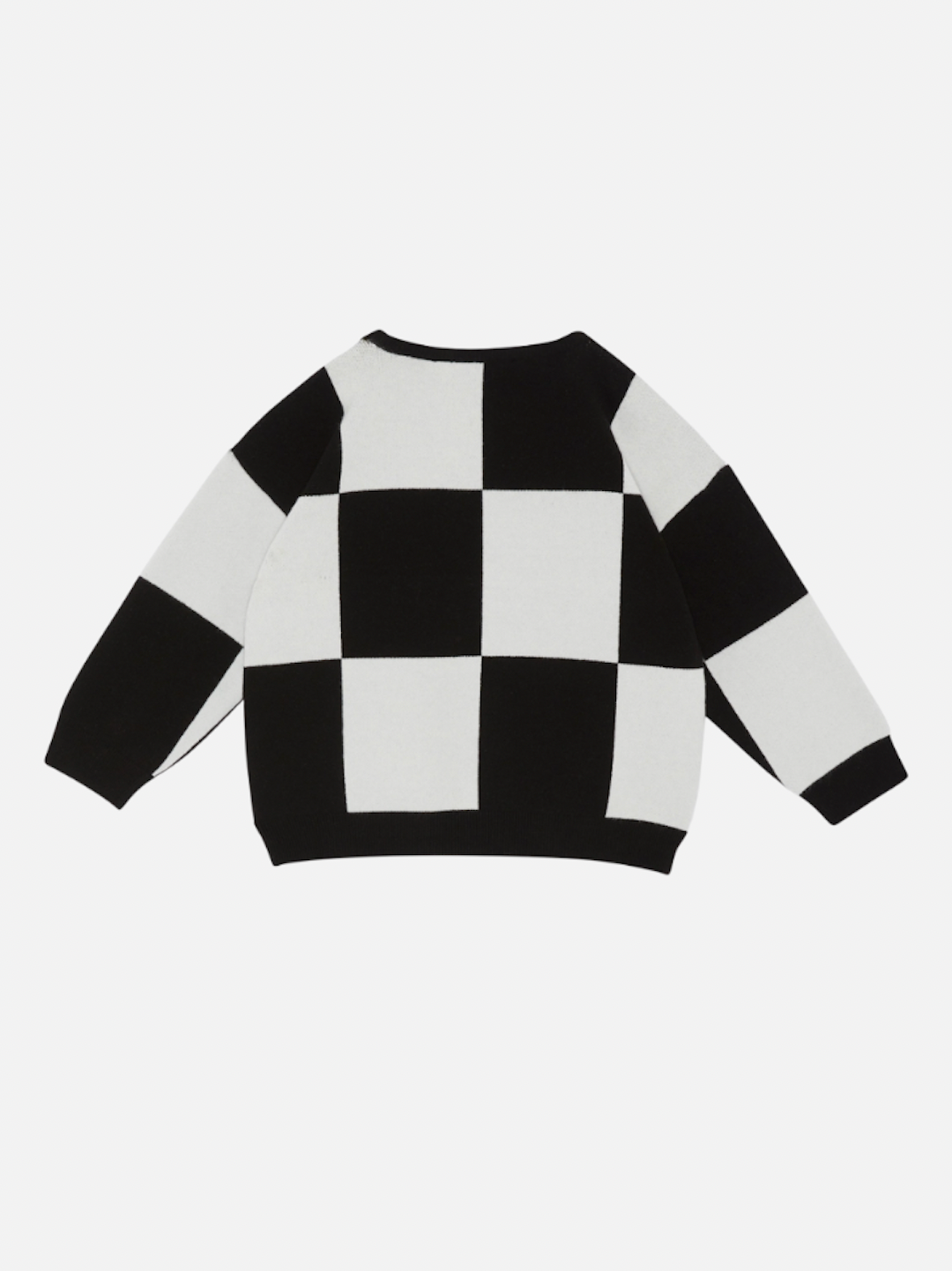 A kids' sweatshirt in a bold black and white checkerboard, back view