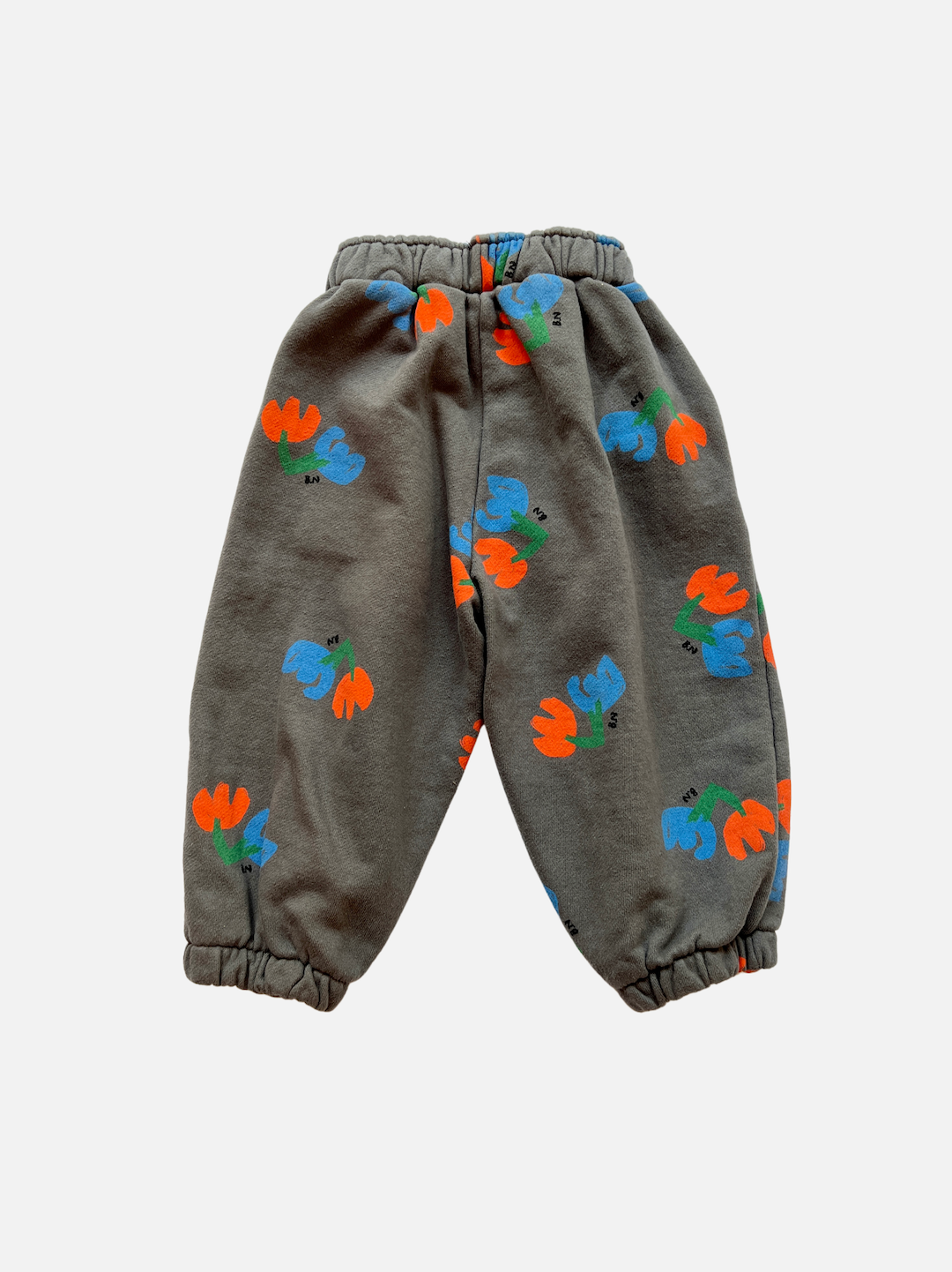Pair of kids' sweatpants in slate gray printed with blue and orange flowers, back view