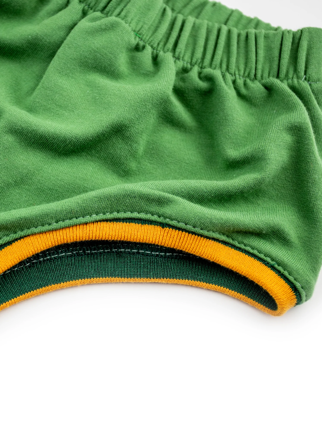 Mint | Detail of yellow trim at leg hole of mint green kids' bloomers
