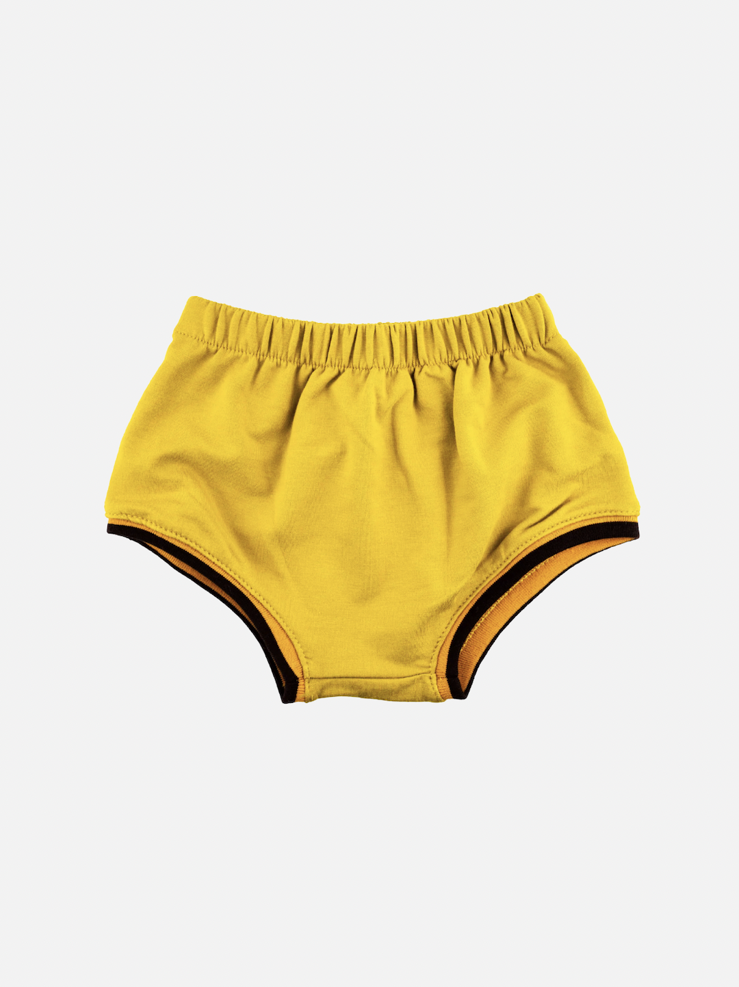 Sunshine | Sunshine yellow kids' bloomers with black trim on leg holes, front view