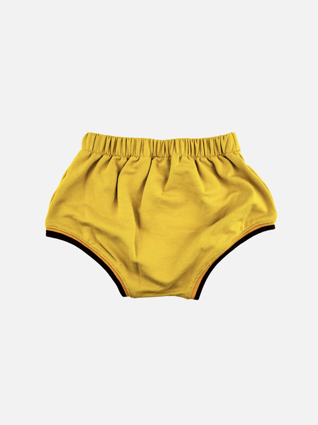 Sunshine yellow kids' bloomers with black trim at leg holes, back view
