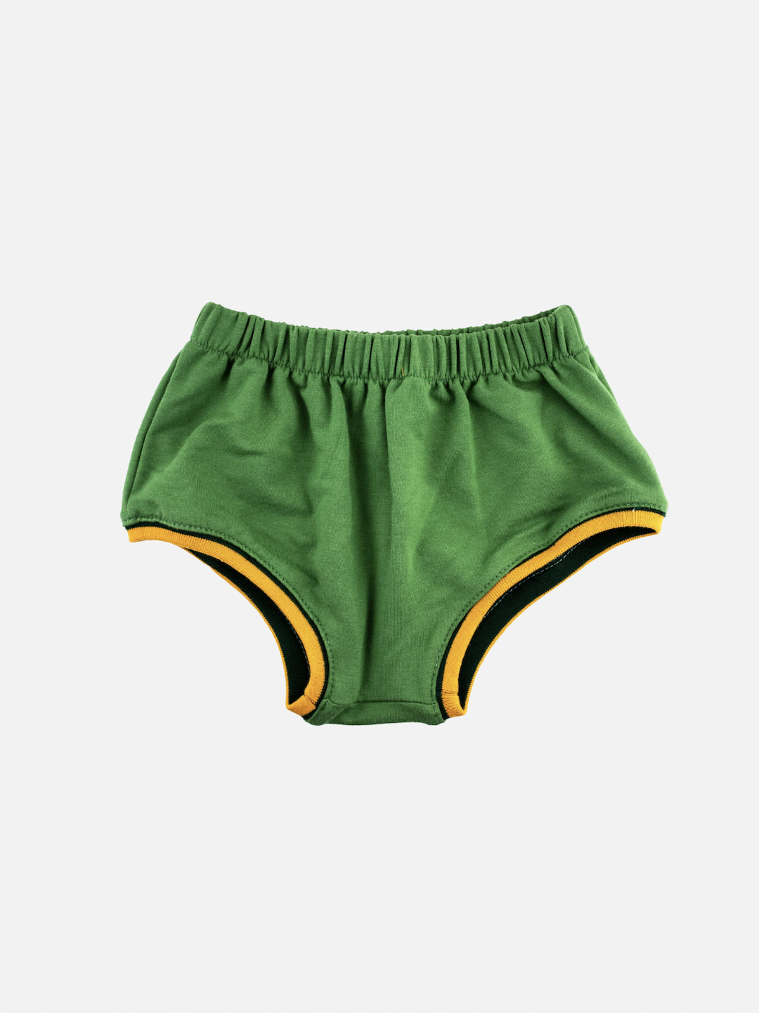Mint green kids' bloomers with yellow trim at the leg holes