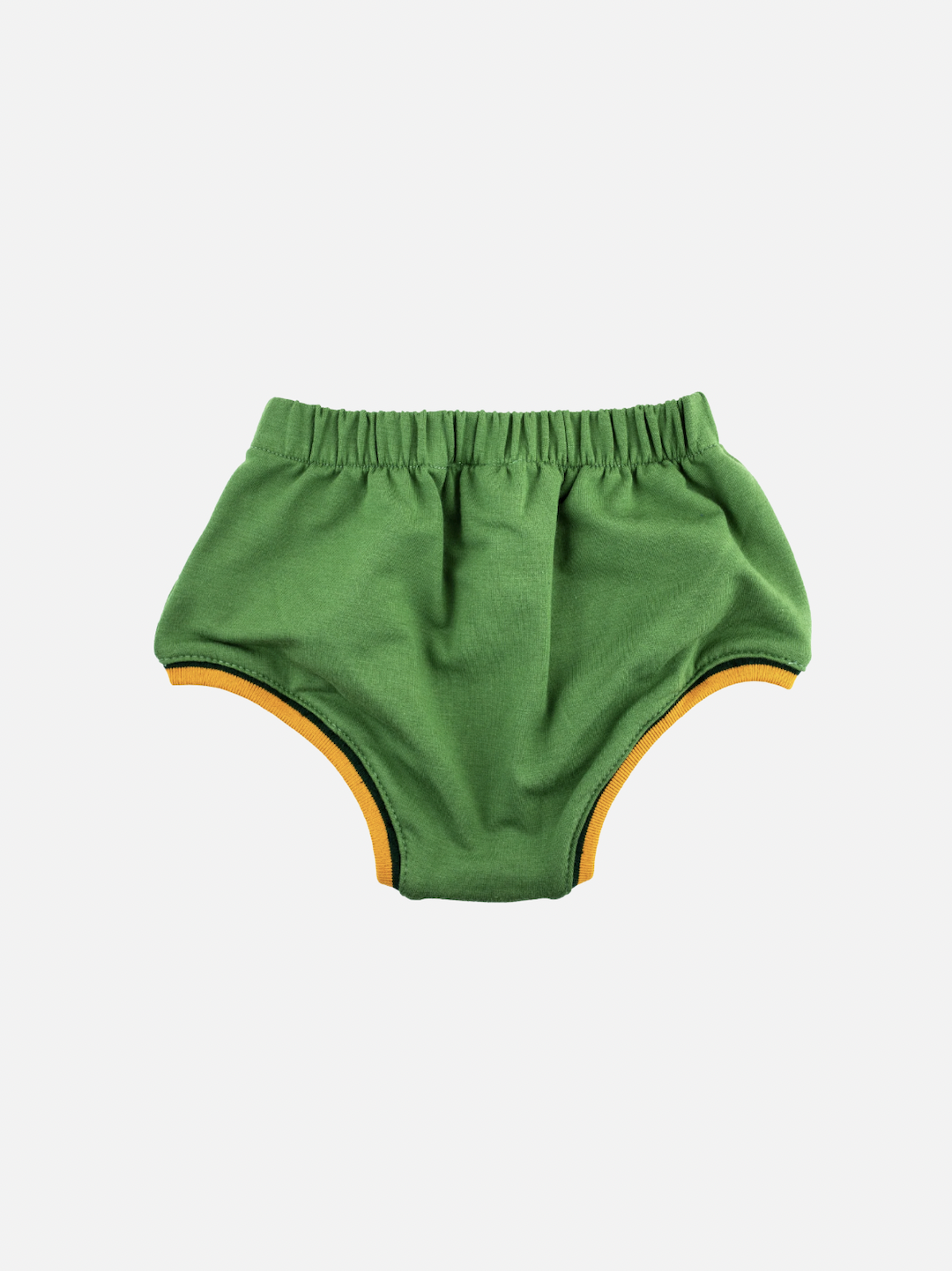 Mint | Mint green kids' bloomers with yellow trim at leg holes, back view