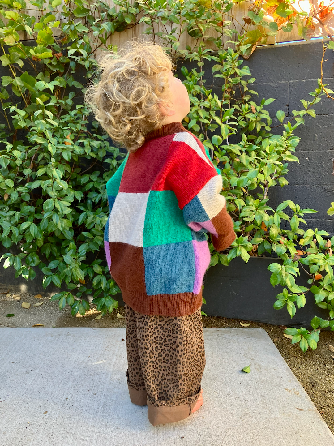 A toddler wearing a kids' colorblock sweater in shades of blue, green, brown, red, pink and cream
