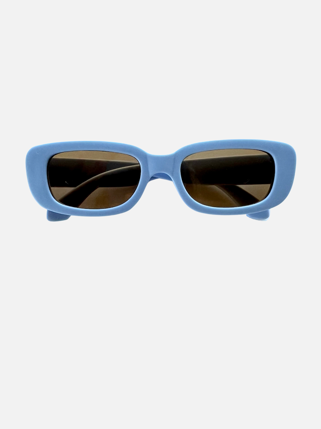 A pair of kids' sunglasses with brown lenses inside pale blue frames