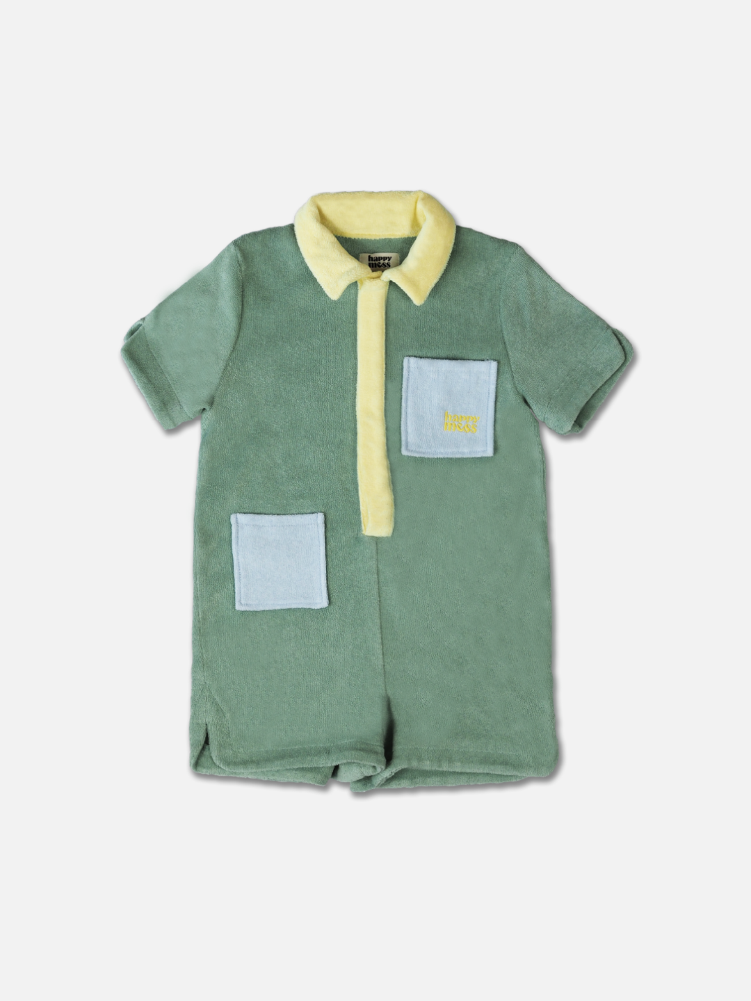 A pale green kids' jumpsuit with yellow collar and placket and two pale blue pockets
