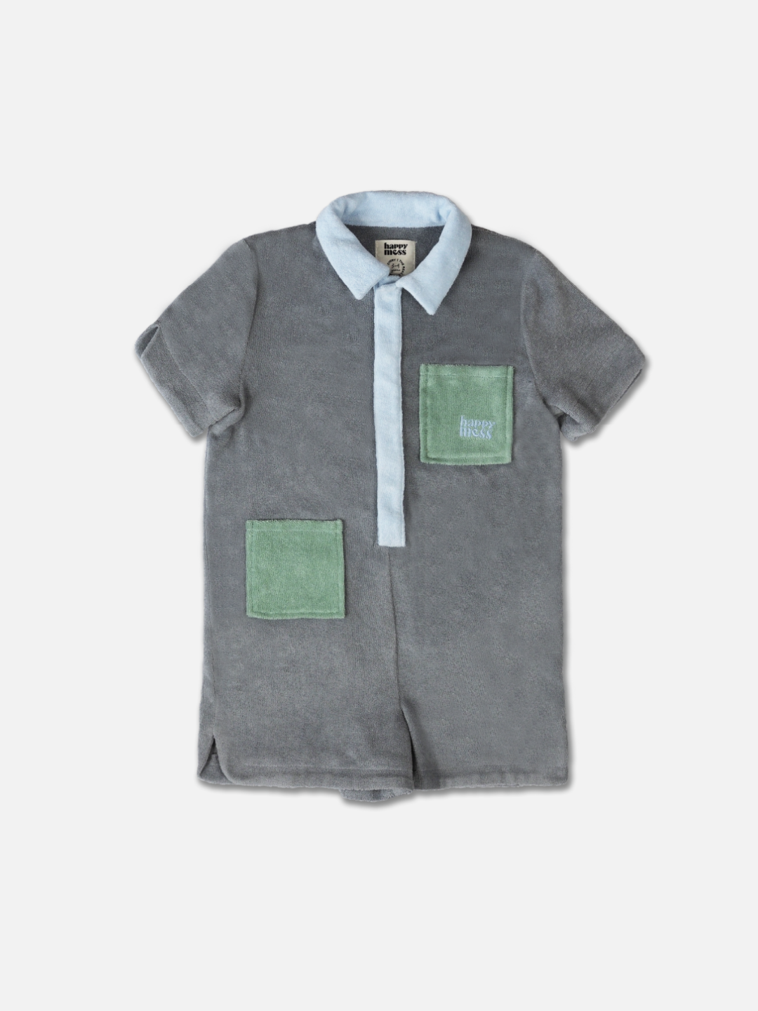 A kids' jumpsuit in pale gray with blue collar and placket, and two green pockets