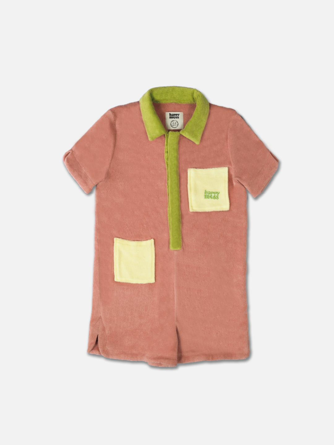 A kids' jumpsuit in peach with lime green collar and placket, and two yellow pockets