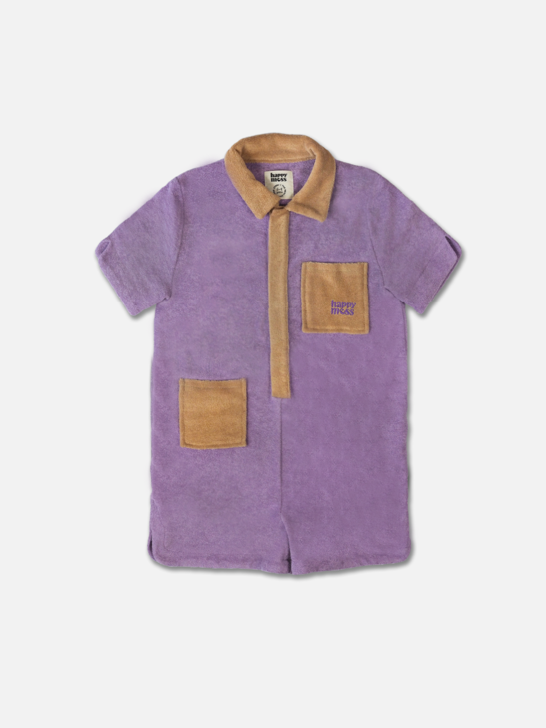 A kids' jumpsuit in pale plum with sand collar, placket and pockets